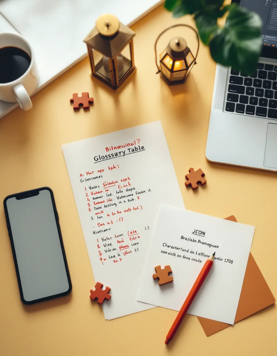 A hand-back laid out on a desk: a marked-up bilingual glossary, a phone showing a Vietnamese settings screen, a Portuguese subject line with its character count, jigsaw pieces and a small lantern